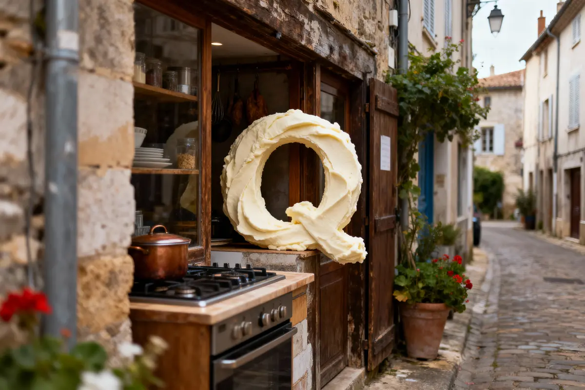 Grande sculpture de crème en forme de lettre Q exposée devant une cuisine dans une rue pavée.