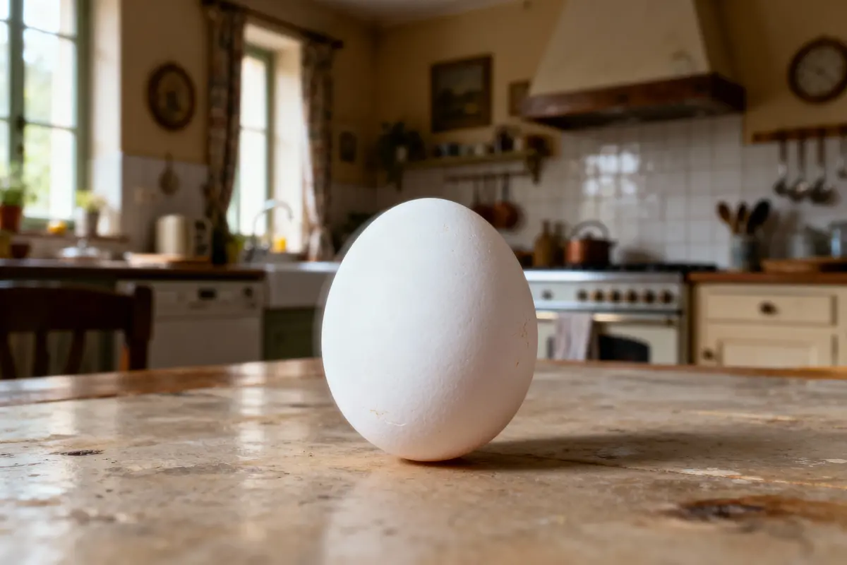 Un œuf blanc posé sur une table en bois dans une cuisine rustique lumineuse.