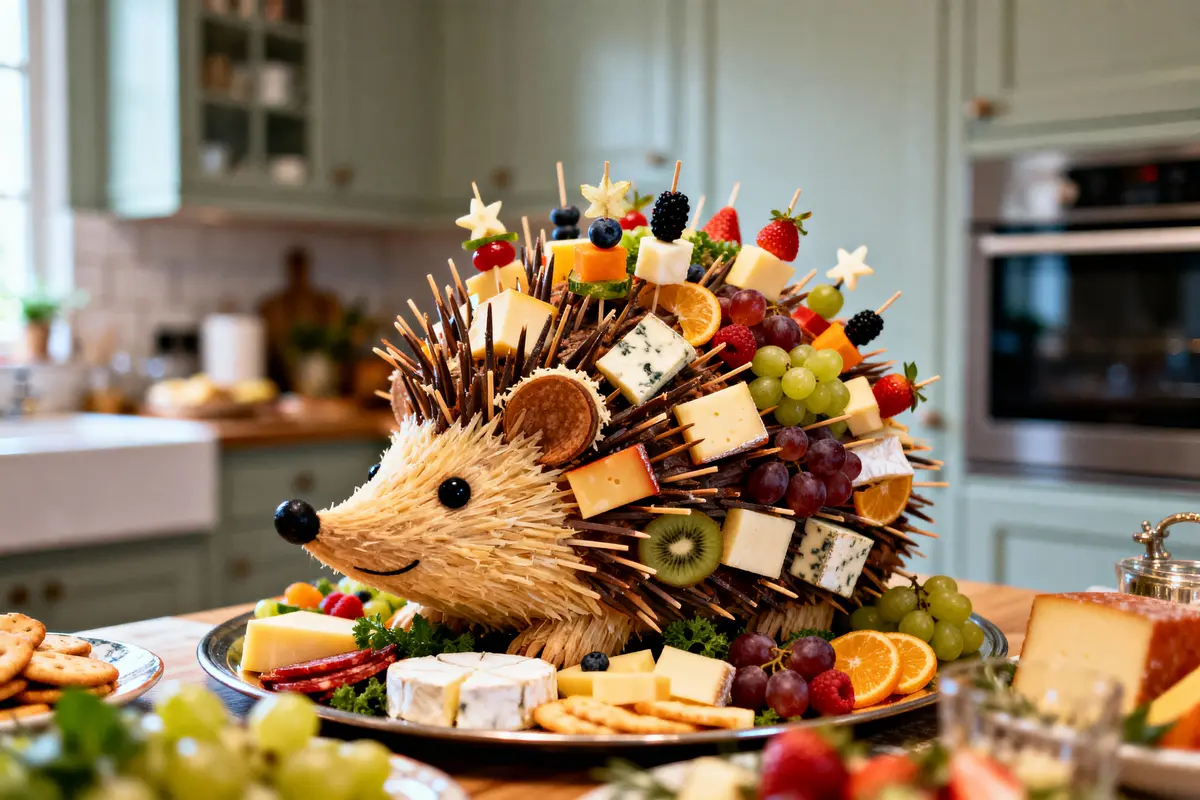 Hérisson comestible fait de fromage, fruits et biscuits, présenté sur un plateau dans une cuisine.