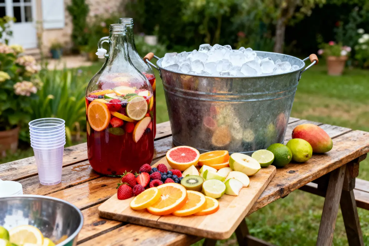 Carafe de sangria, fruits tranchés, seau de glace et verres sur table en bois, jardin en arrière-plan.