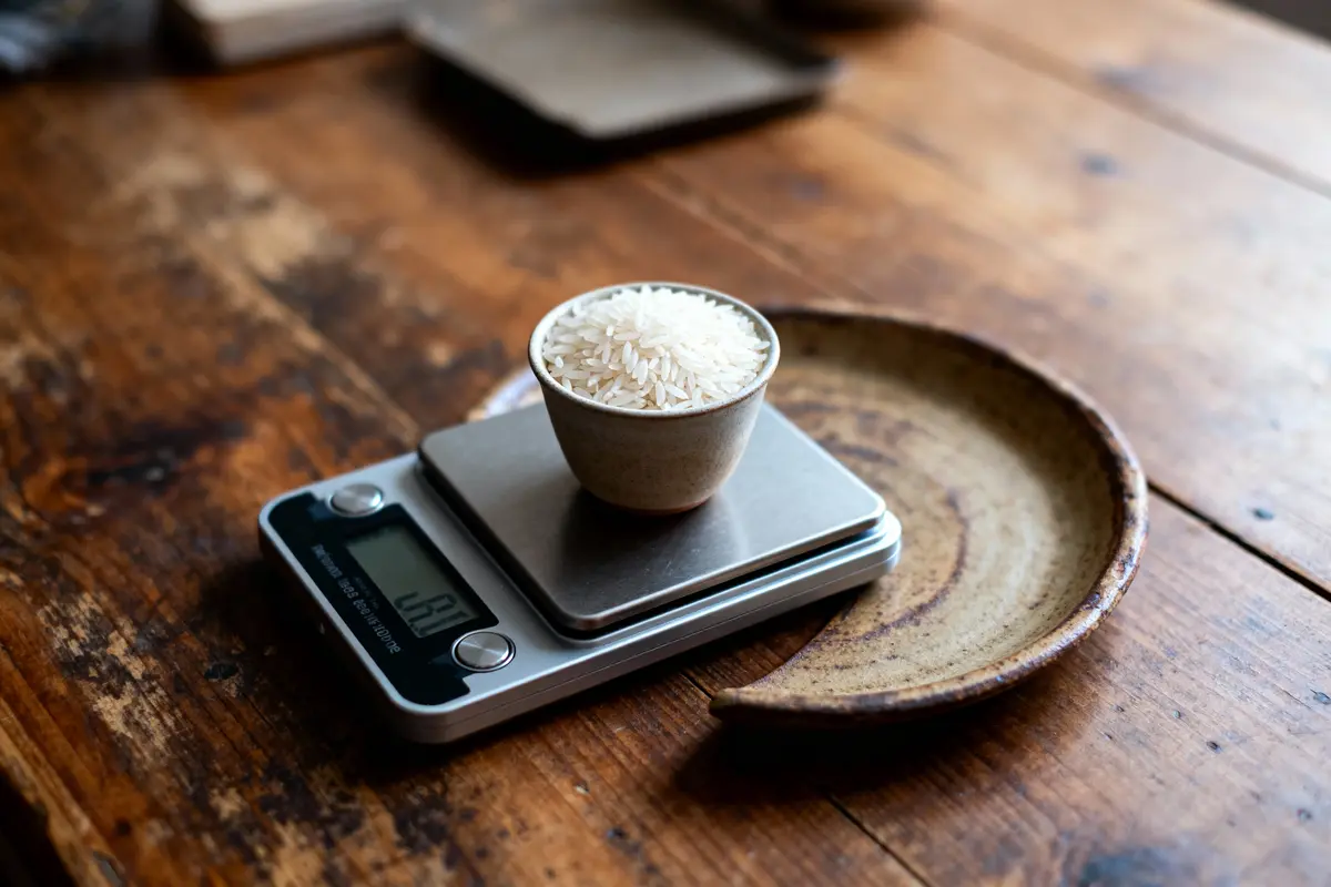 Un bol de riz sur une balance numérique, table en bois, assiette en céramique à côté.