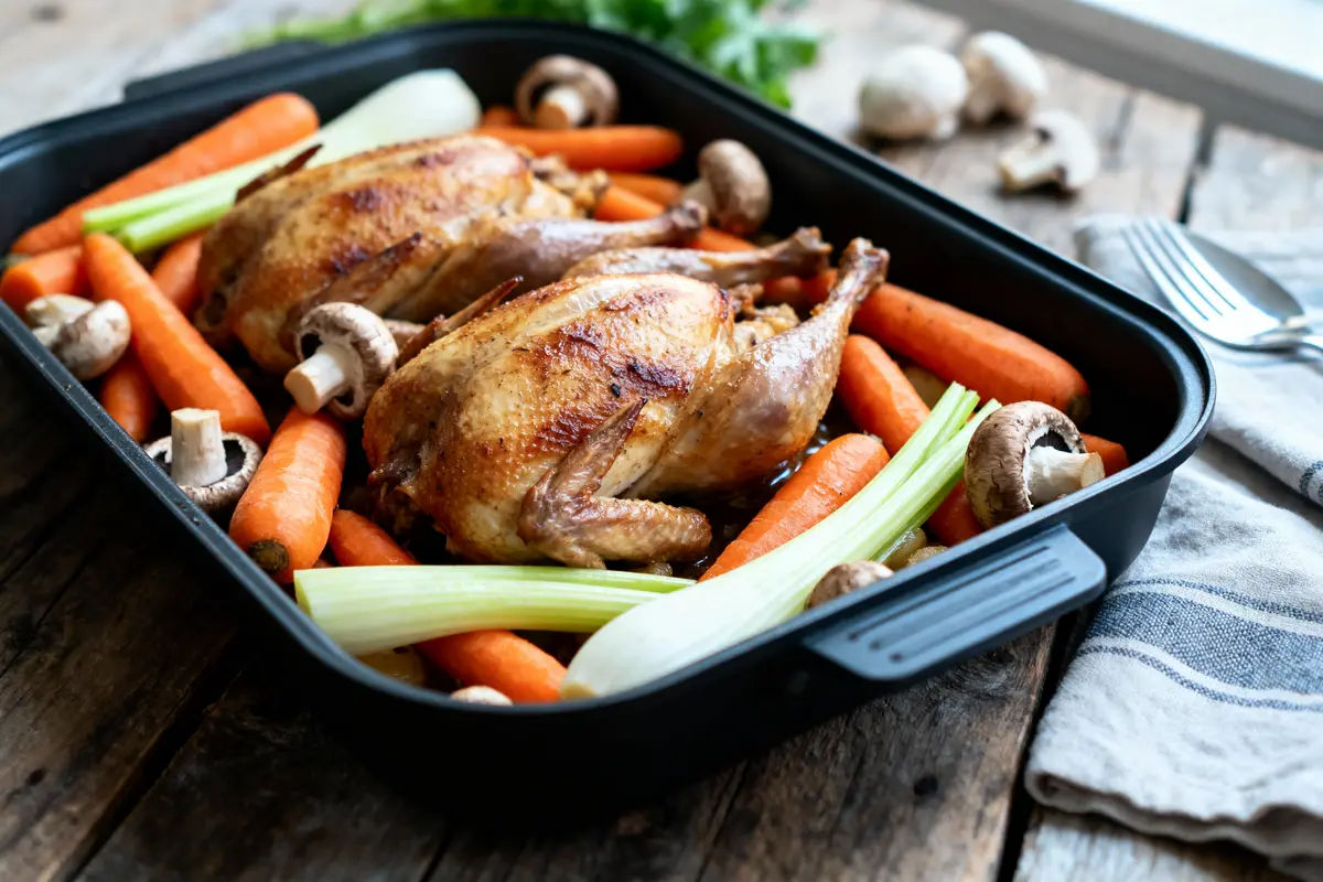 Plat rôti avec deux volailles, carottes, champignons et poireaux, sur une table en bois.