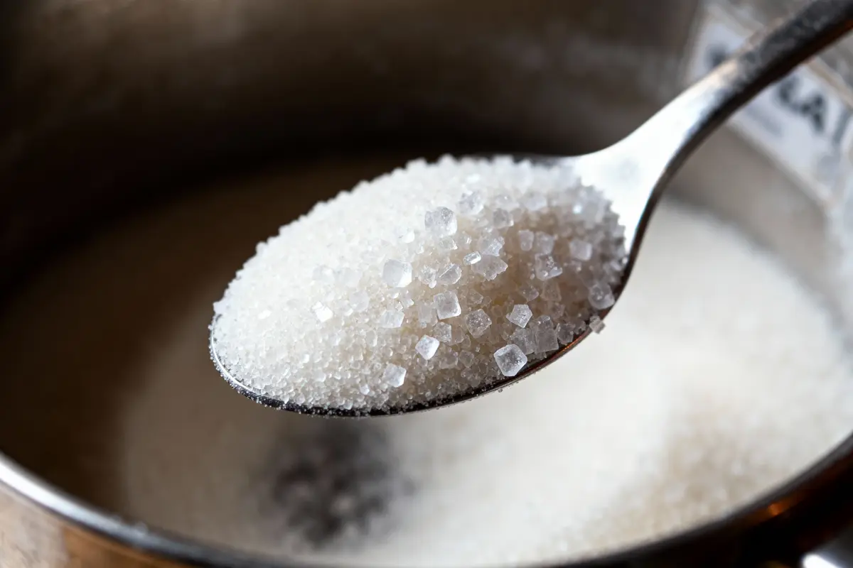Cuillère en métal remplie de sucre blanc granuleux au-dessus d'un bol flou en arrière-plan.