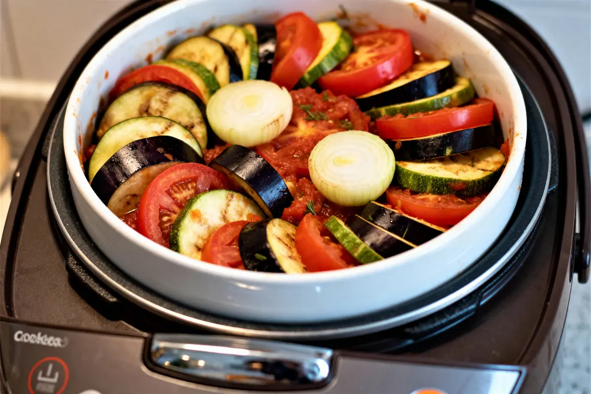 Ratatouille dans un plat de cuisson, avec courgettes, aubergines, tomates et rondelles d'oignon, sur un multicuiseur.