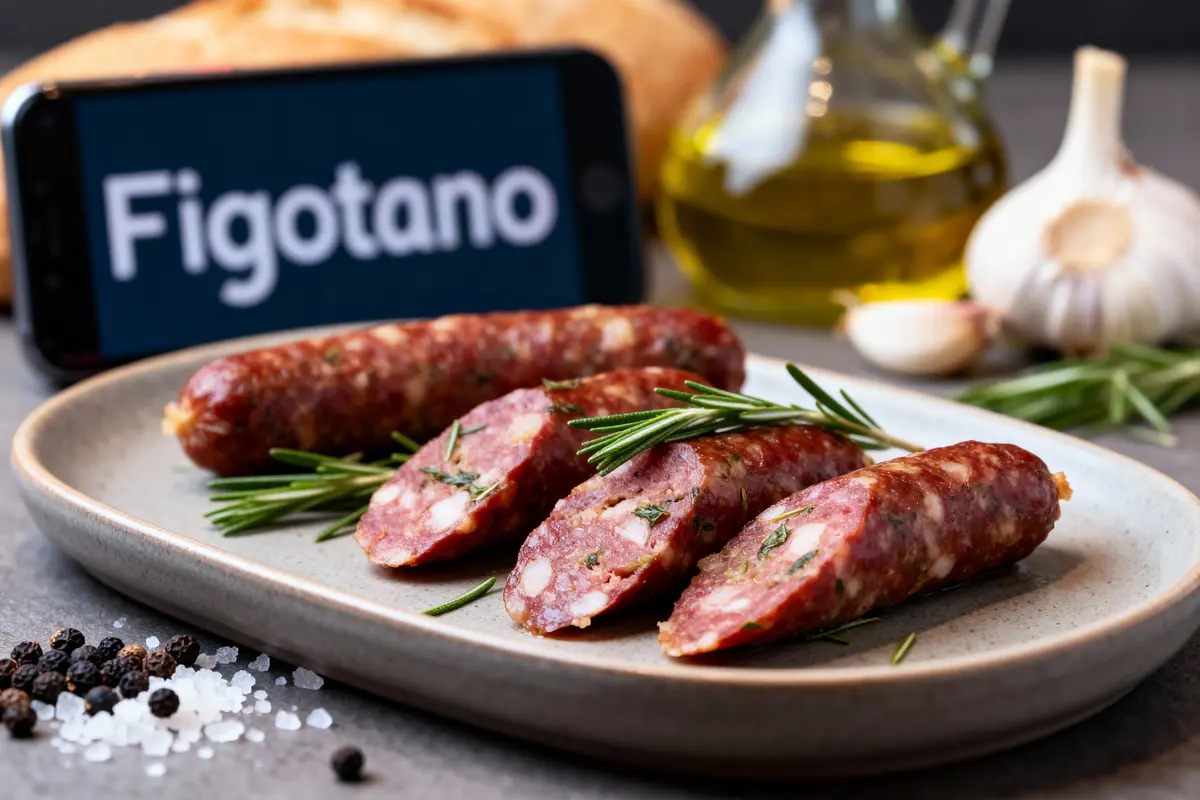 Tranches de saucisson avec romarin sur assiette, ail, huile d'olive, sel, poivre, smartphone affichant "Figotano".
