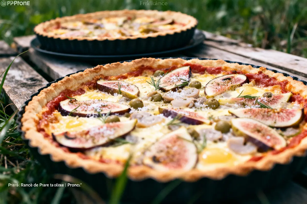 Tarte garnie de figues, olives et fromage, posée sur une table en bois à l'extérieur.