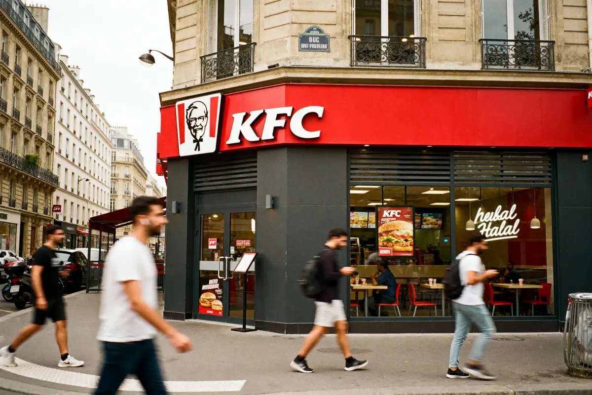Façade d'un restaurant KFC avec des passants, rue animée et affiches KFC visibles.