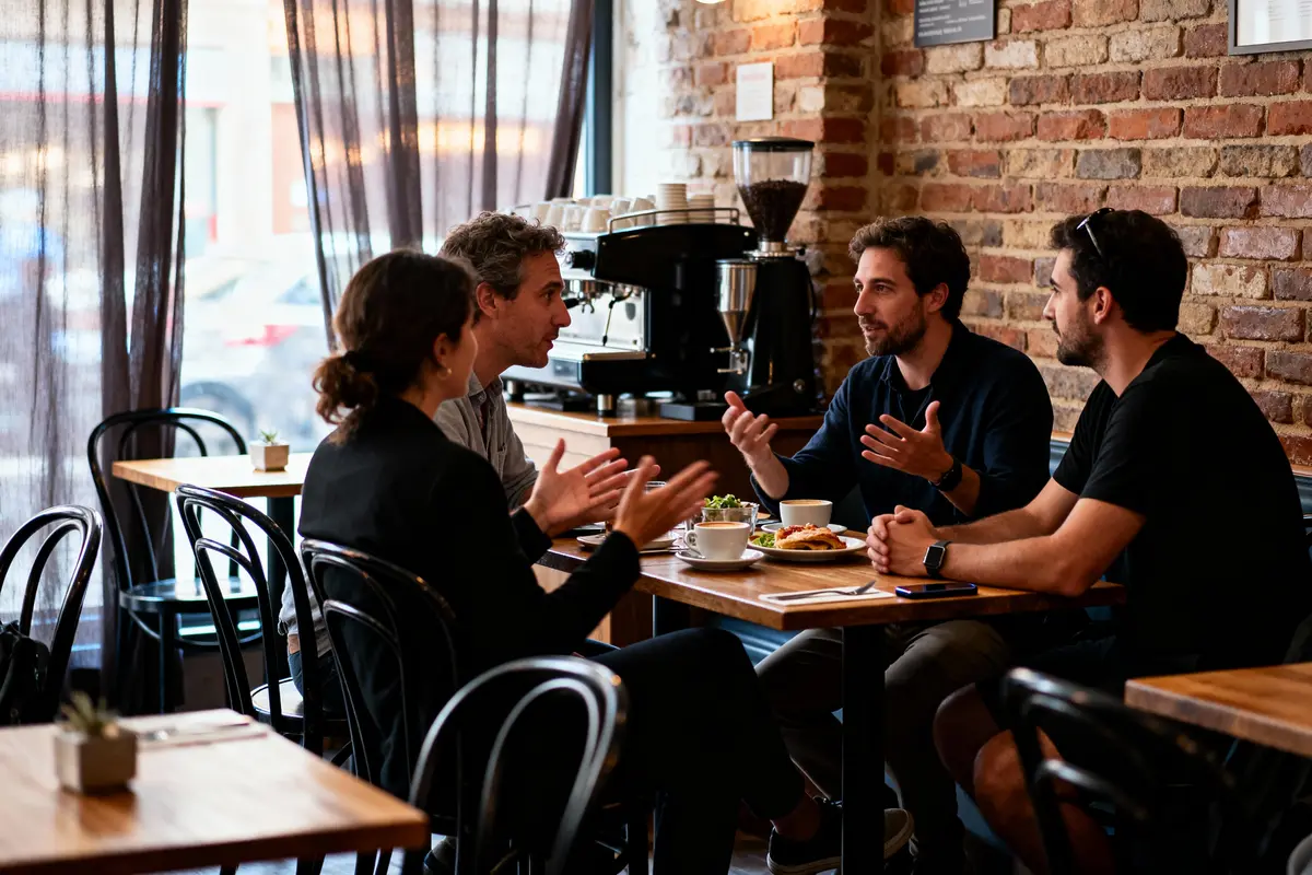 Quatre personnes discutent autour d'une table dans un café au décor en briques apparentes.