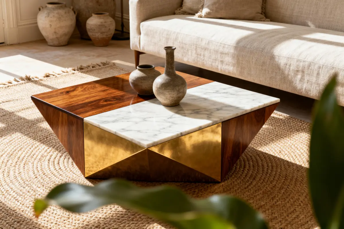 Table basse design en bois, marbre et métal doré, avec deux vases, sur un tapis en jute, salon lumineux.