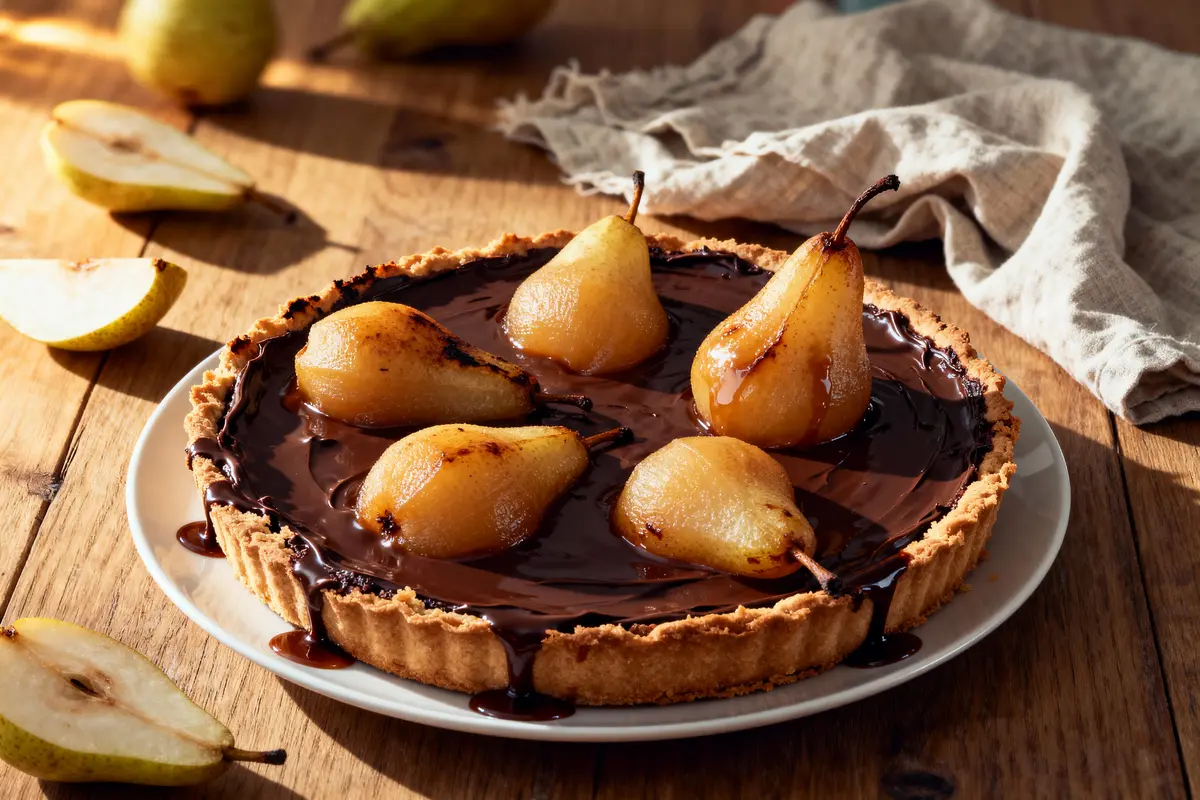 Tarte poires chocolat sur assiette blanche, fond en bois, nappe beige et poires tranchées à côté.