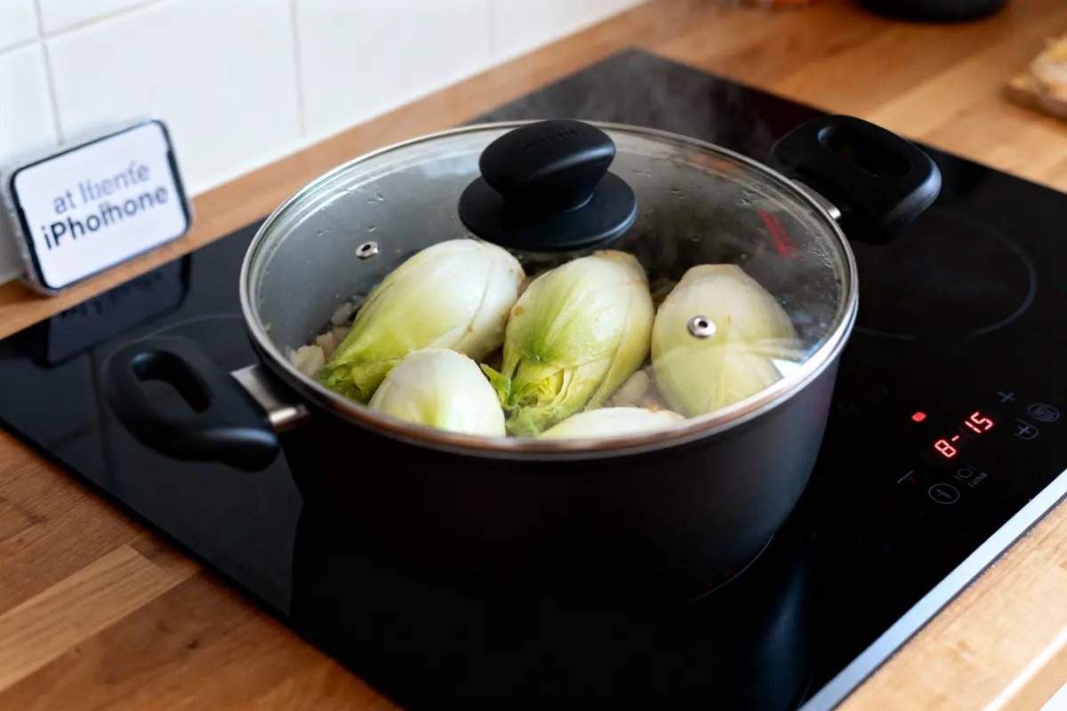 Casserole de choux mijotant sur une plaque de cuisson à induction dans une cuisine moderne.