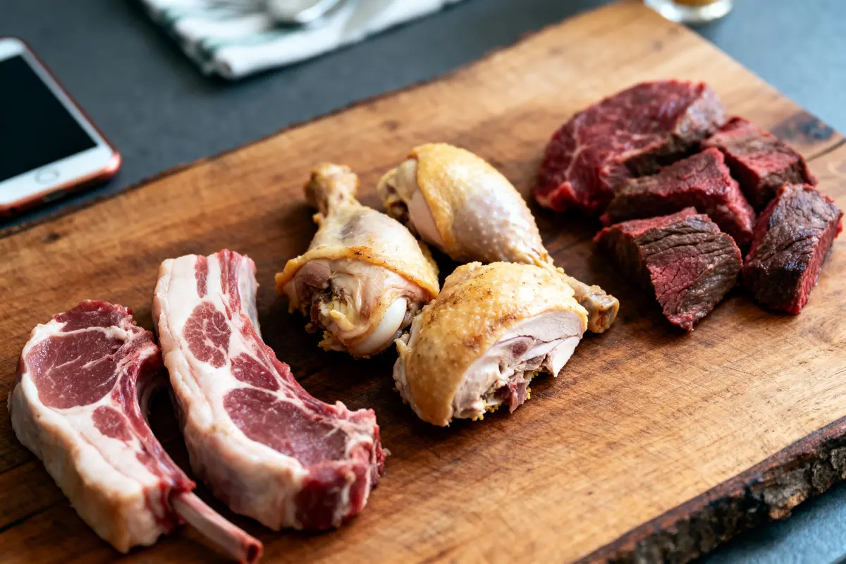 Planche en bois avec morceaux de viande crue et cuite : agneau, poulet, bœuf ; téléphone à proximité.