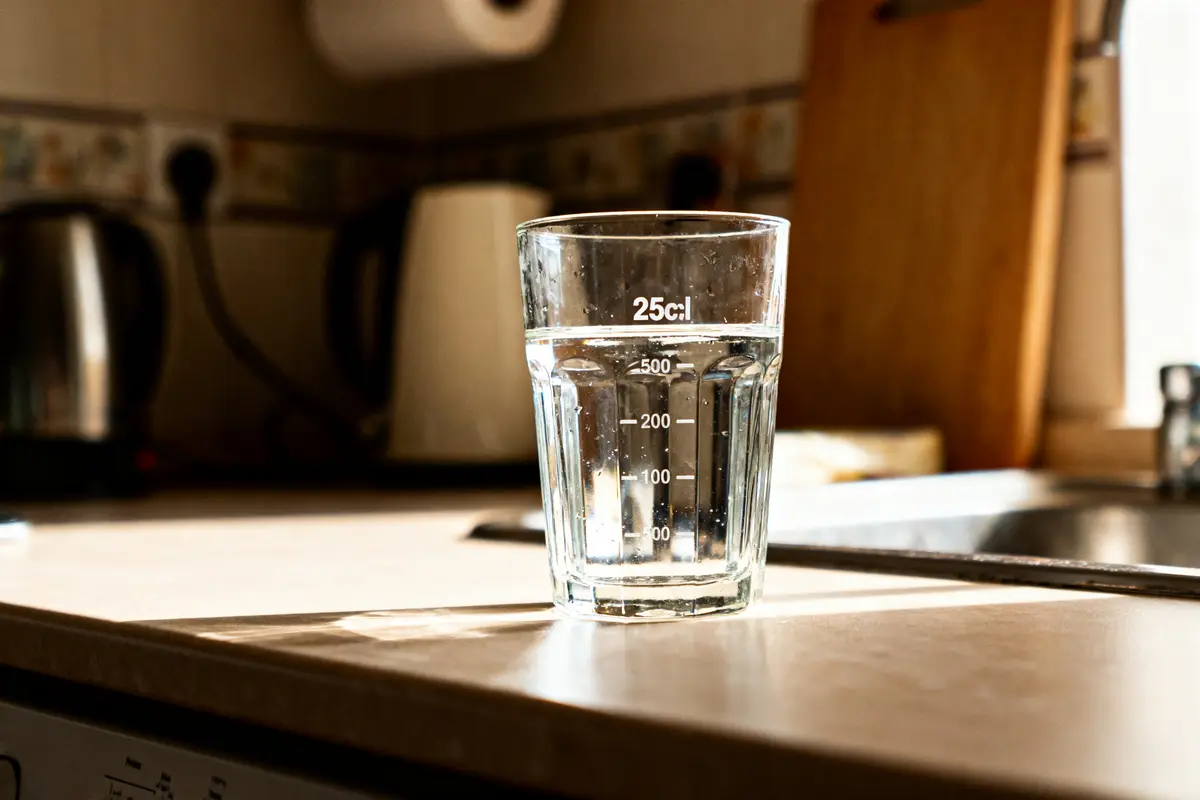 Verre d'eau gradué posé sur un plan de travail de cuisine, éclairé par la lumière du jour.