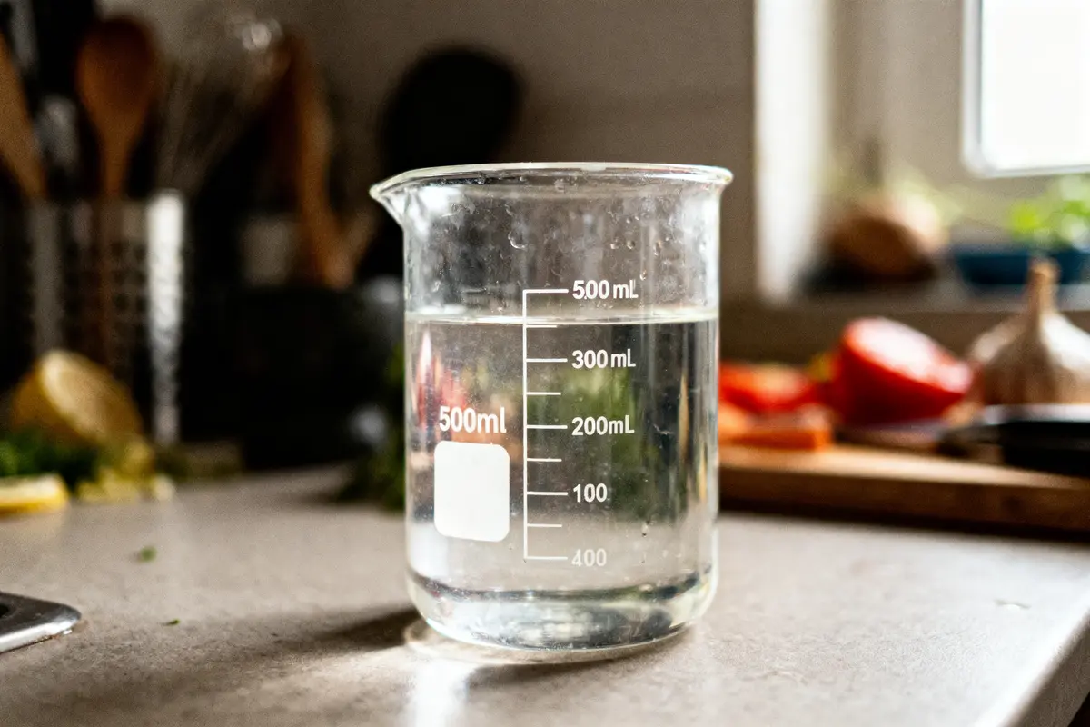 Un bécher rempli d'eau gradué à 500 ml, posé sur un comptoir de cuisine avec arrière-plan flou.