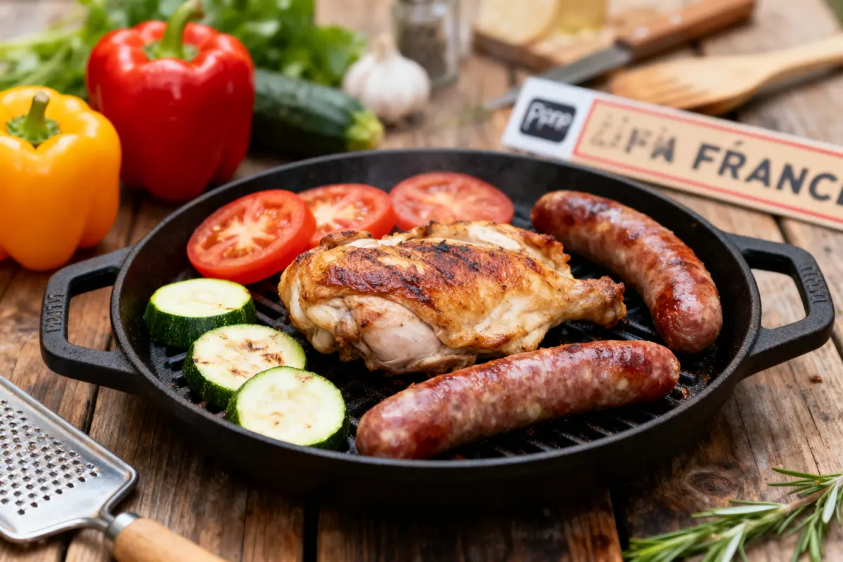 Plat de viande grillée avec saucisses, poulet, tomates, courgettes, poivrons colorés sur table en bois.