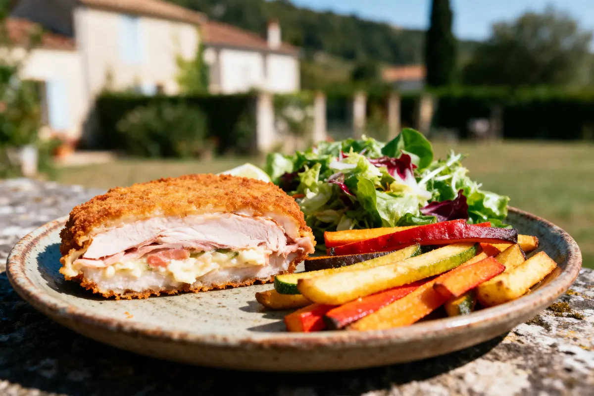 Assiette avec cordon bleu, légumes grillés colorés, et salade verte, fond de maison floue en extérieur.