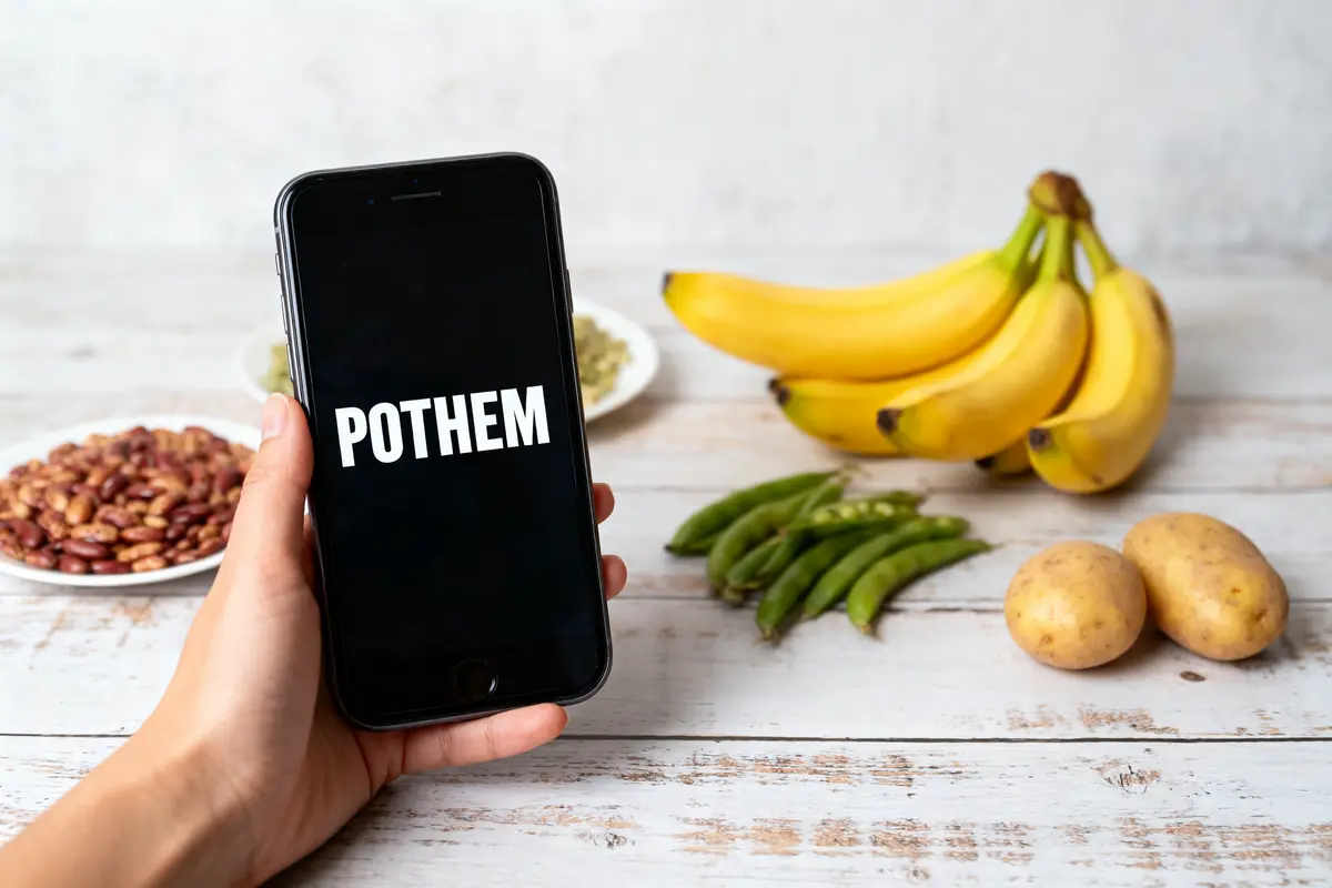 Une main tient un téléphone; texte "POTHEM" affiché. Banane, haricots, pommes de terre et fèves sur une table blanche.