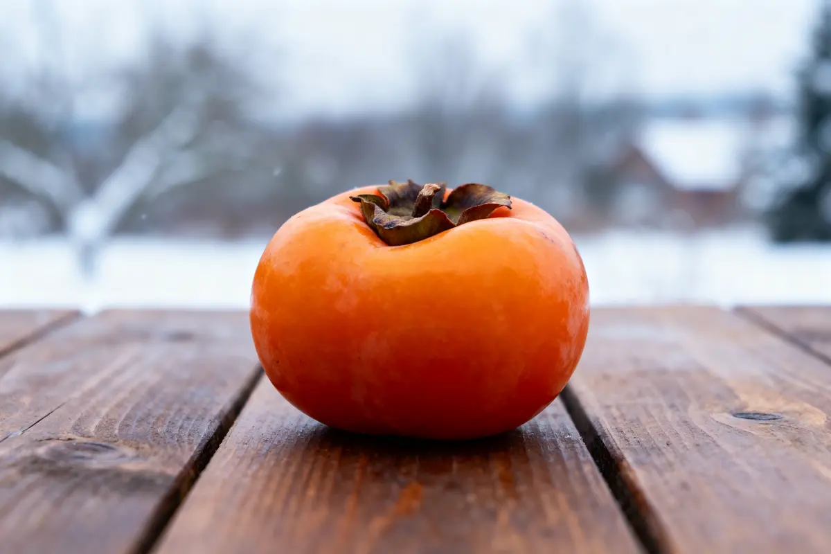 Un kaki orange posé sur une table en bois, avec un paysage enneigé en arrière-plan flou.
