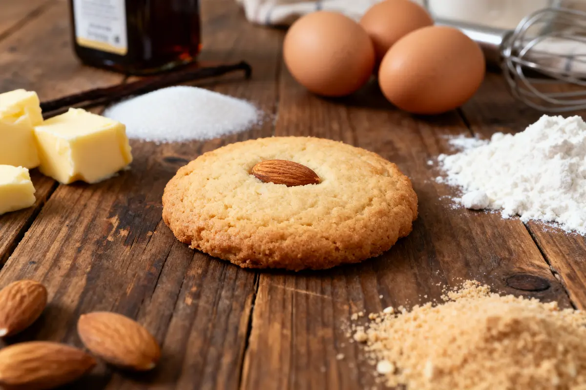 Biscuit aux amandes sur table en bois, entouré de beurre, œufs, farine, sucre, vanille et amandes entières.