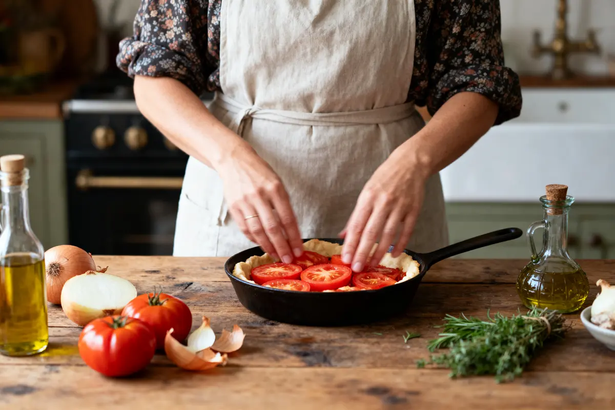 Personne préparant une tarte aux tomates dans une poêle, avec ingrédients sur la table en bois.