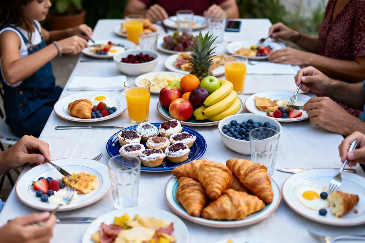 Petit-déjeuner familial avec croissants, fruits, jus d'orange, œufs et pâtisseries sur une grande table partagée.