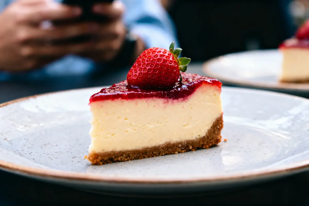 Part de cheesecake garni de fraise sur une assiette blanche, arrière-plan flou avec personne utilisant smartphone.