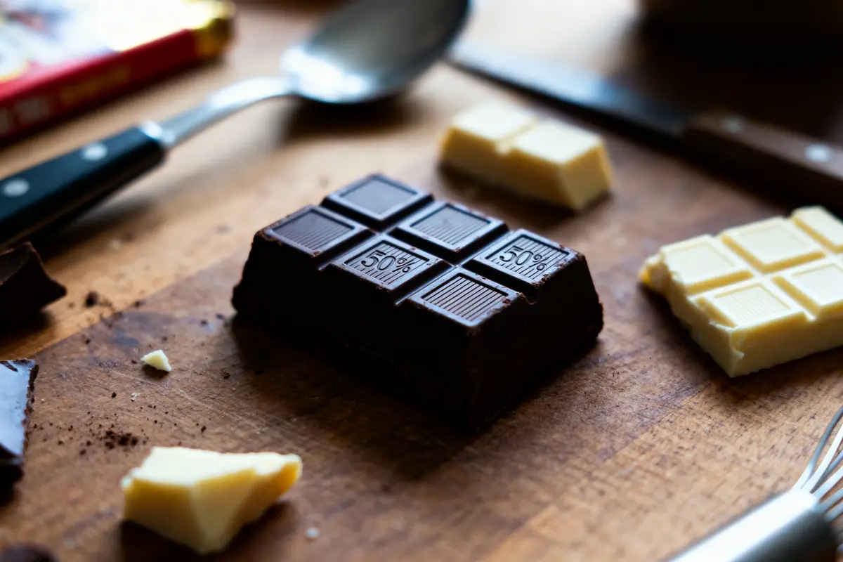 Tablette de chocolat noir et blanc sur planche à découper avec cuillère et couteau.