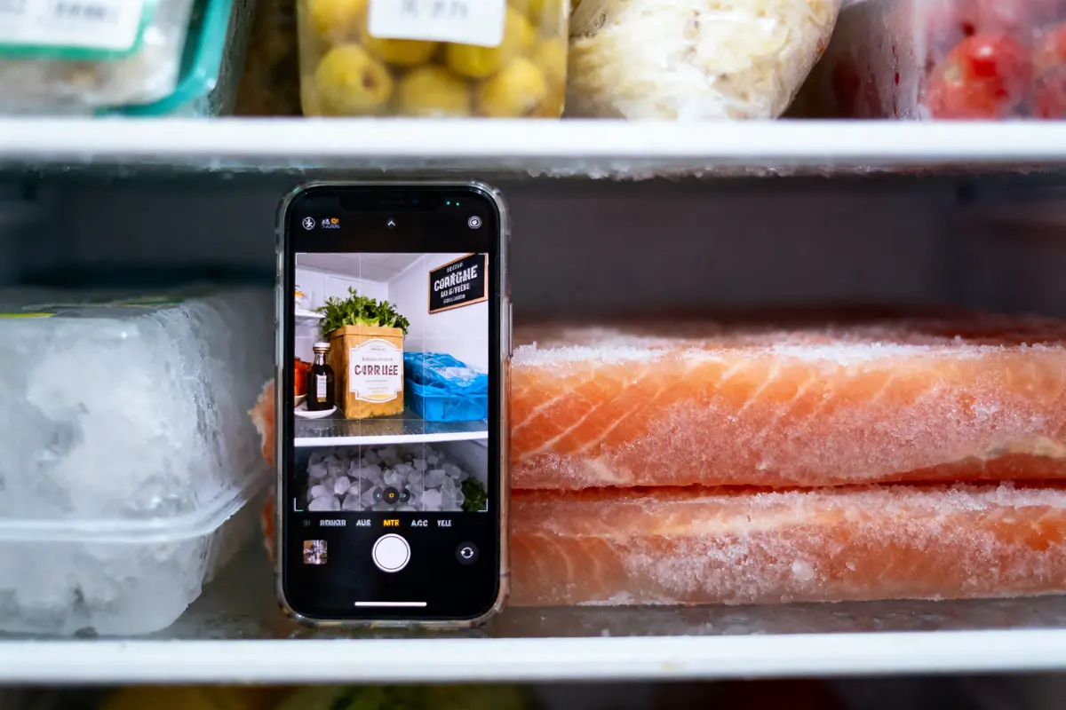 Téléphone dans congélateur avec saumon congelé, montrant capture écran d'un pot de curry et herbes fraîches.