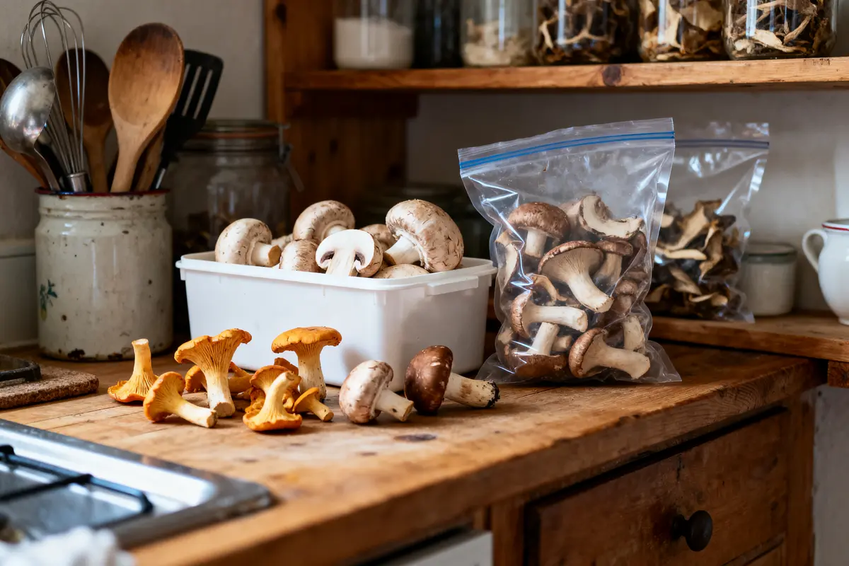 Champignons variés sur comptoir de cuisine en bois, avec bocaux et ustensiles en arrière-plan.