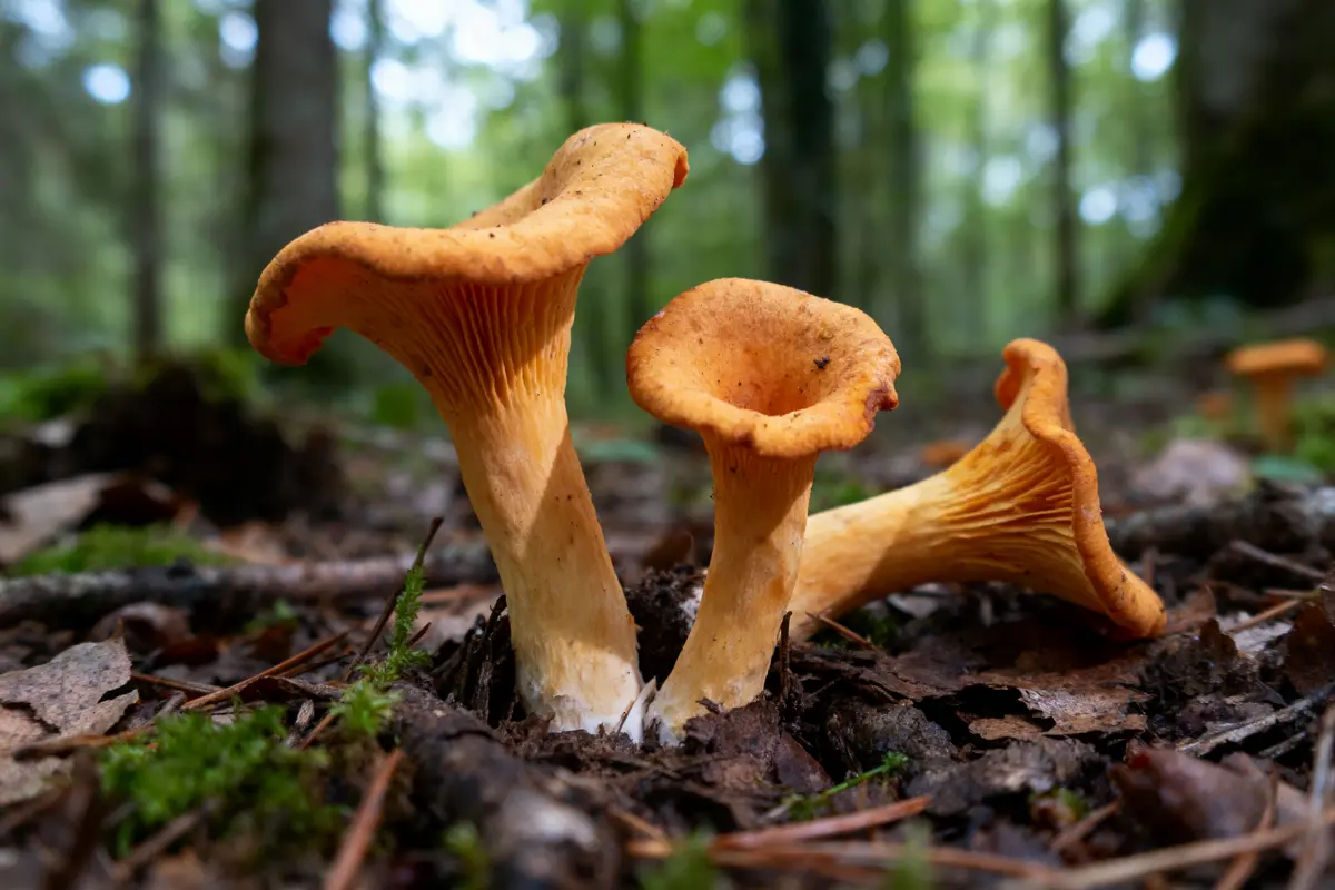 Chanterelles orangées poussant sur sol forestier, environnées de feuilles et de mousse, sous un éclairage naturel doux.