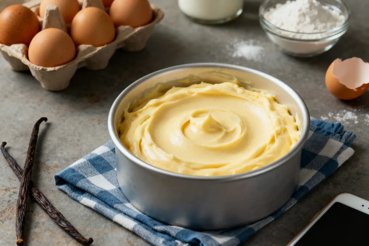 Bol de pâte à gâteau sur nappe à carreaux, avec œufs, farine, lait et gousses de vanille.