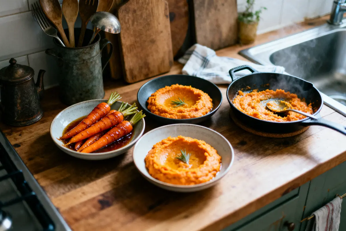Assiettes de purée de carottes et carottes entières glacées sur un comptoir de cuisine rustique.
