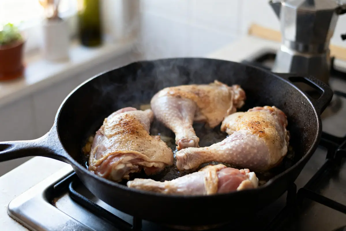 Cuisses de poulet assaisonnées, en train de cuire dans une poêle en fonte sur une cuisinière.