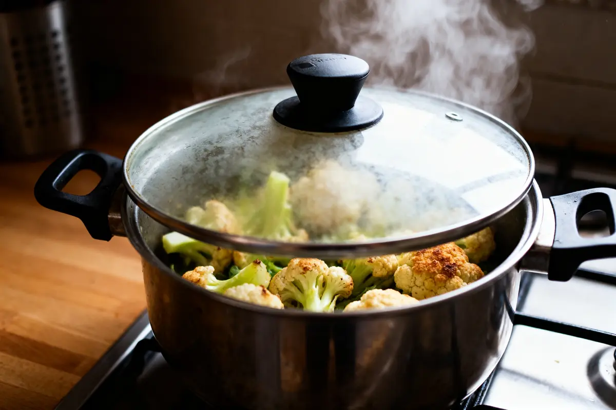Casserole en acier inoxydable avec couvercle, chou-fleur en cuisson à la vapeur sur une cuisinière.