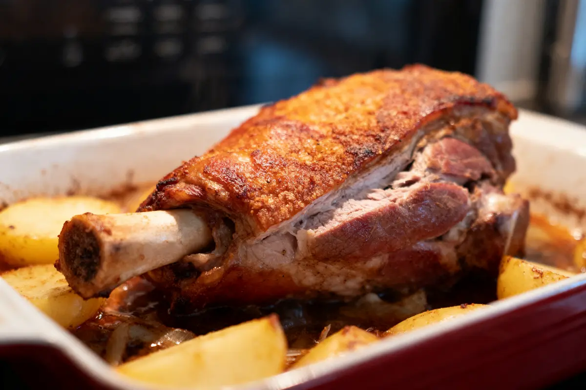 Rôti de porc cuit au four dans un plat avec pommes de terre. Peau dorée et croustillante.