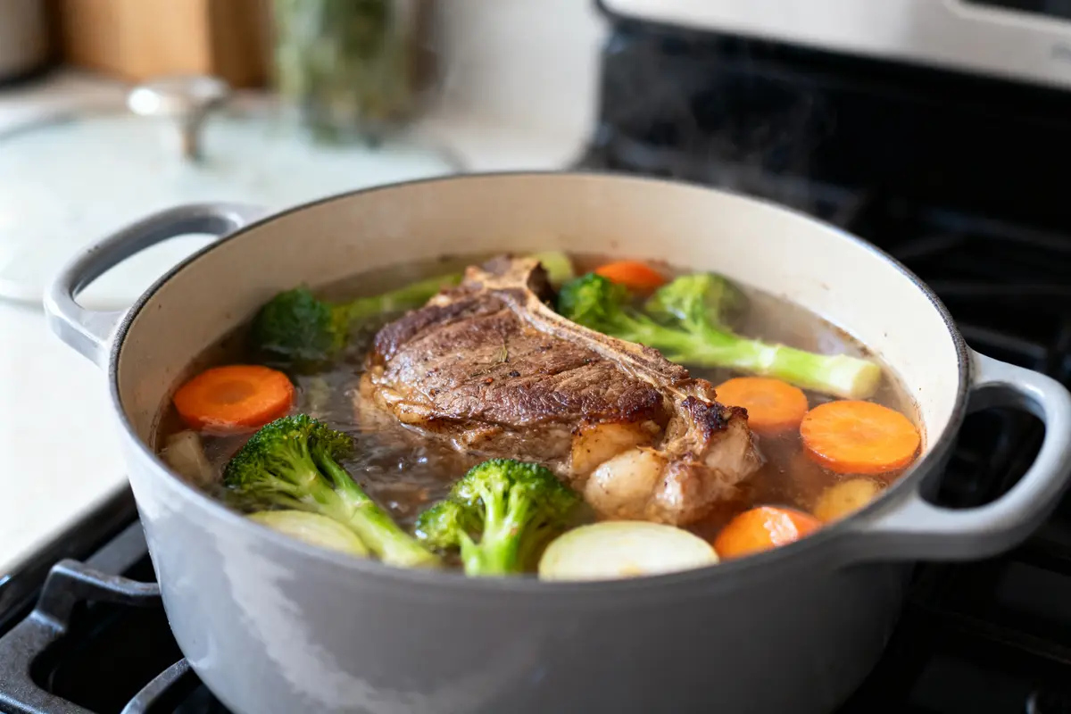 Casserole avec rôti et légumes (brocoli, carottes) mijotant dans un bouillon sur une cuisinière.
