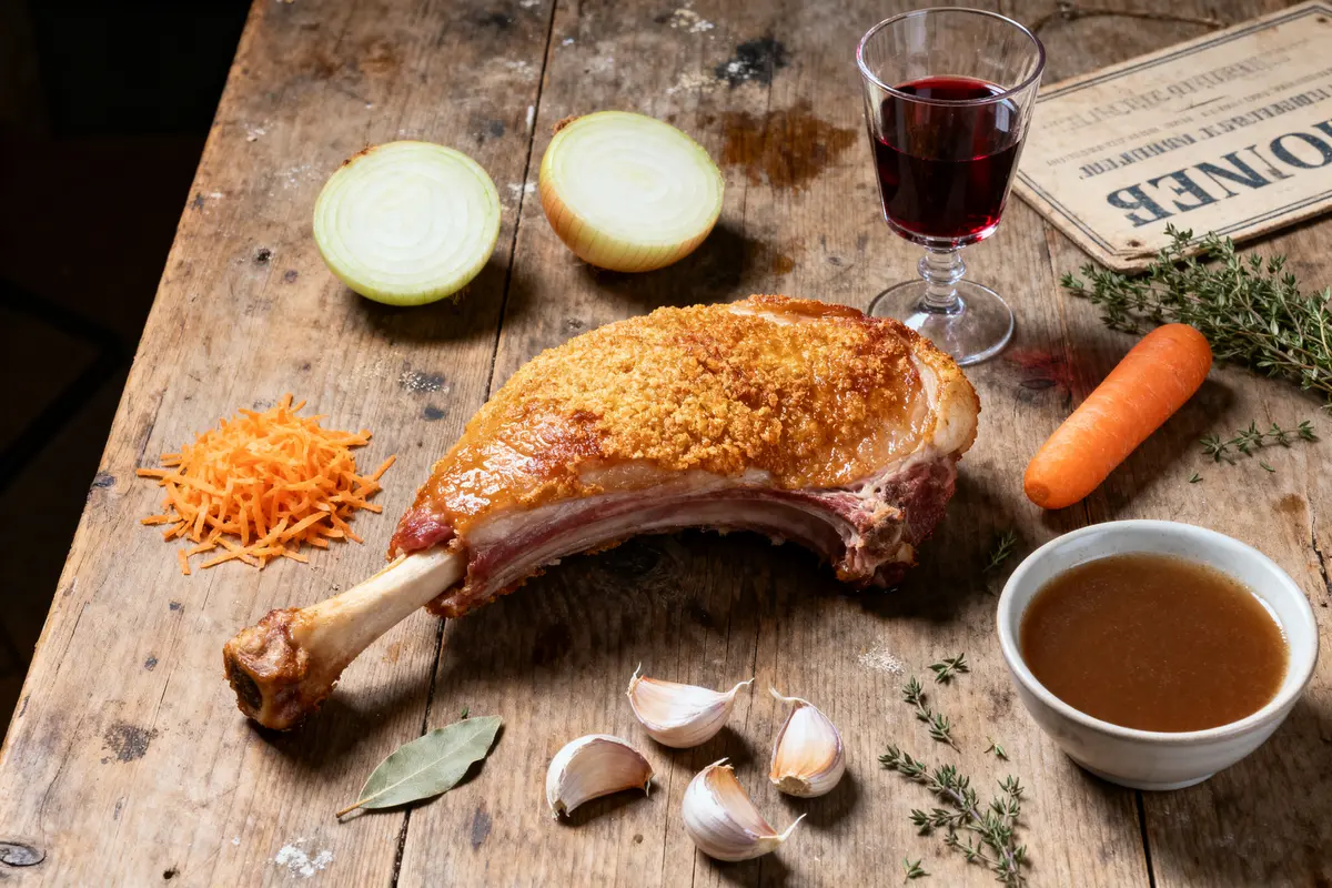 Viande rôtie avec ail, oignon, carotte, thym, sauce, vin rouge sur table en bois rustique.