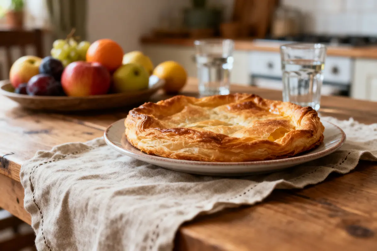 Tarte dorée sur table en bois rustique, avec fruits et verres d'eau en arrière-plan.