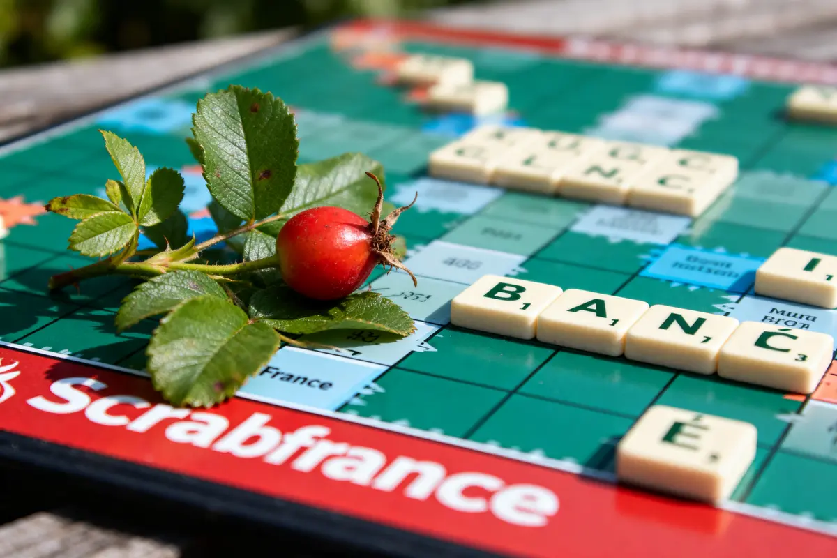 Branche avec baie rouge sur plateau de Scrabble, mot "BANC" formé avec lettres.