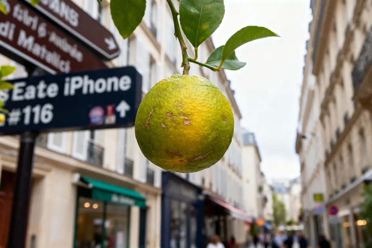 Un citron tremble dans une rue animée, avec des bâtiments et panneaux flous en arrière-plan.