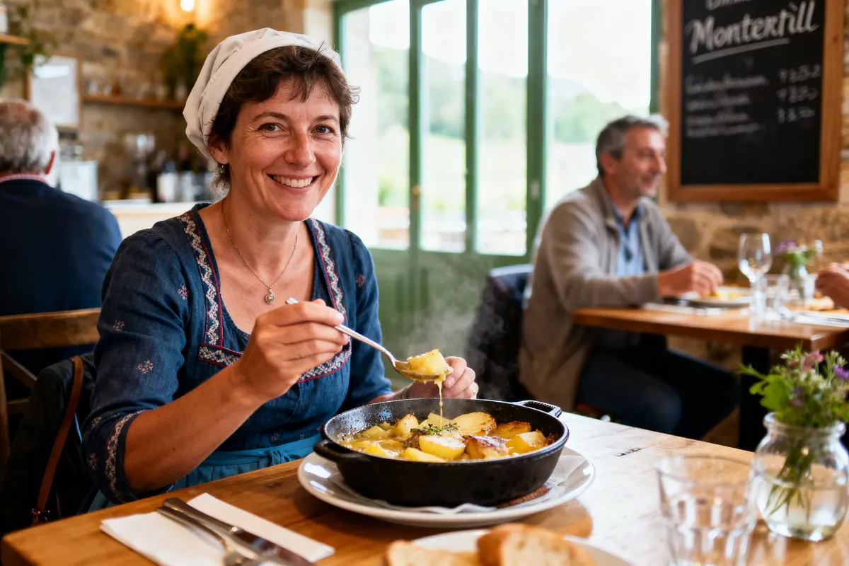 Femme souriante mange plat de pommes de terre dans un restaurant rustique, intérieur chaleureux, table en bois.