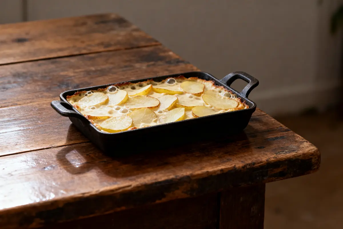 Gratin dauphinois dans un plat en fonte, posé sur une table en bois rustique.