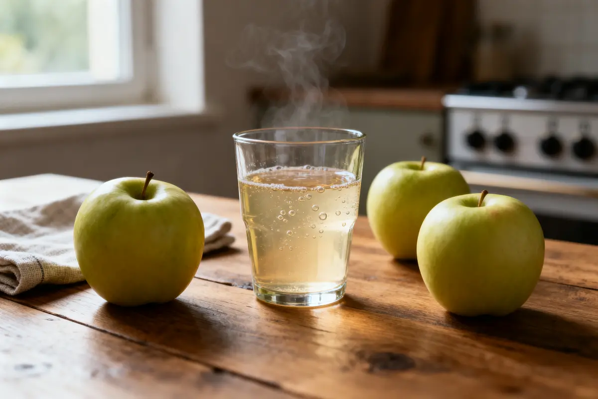 Verre de cidre pétillant entouré de trois pommes vertes sur une table en bois, cuisine en arrière-plan.