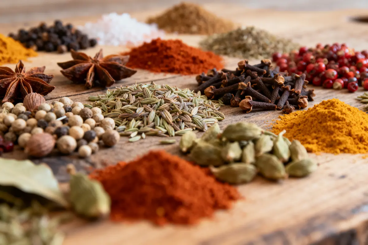 Assortiment de différentes épices en tas sur une table en bois, comprenant anis étoilé et clous de girofle.
