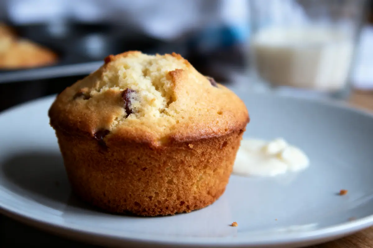Muffin aux pépites de chocolat sur assiette grise, avec crème en arrière-plan. Ambiance gourmande et appétissante.