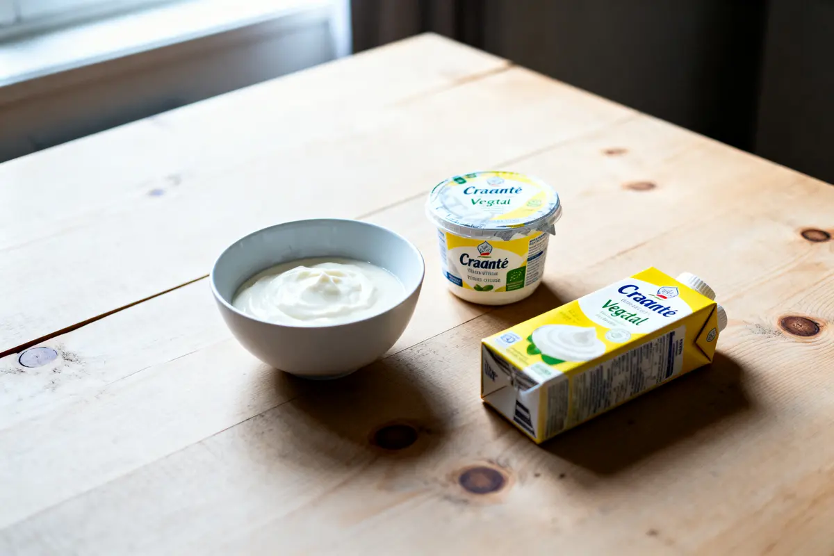 Bol et emballages de crème végétale Craanté sur table en bois.