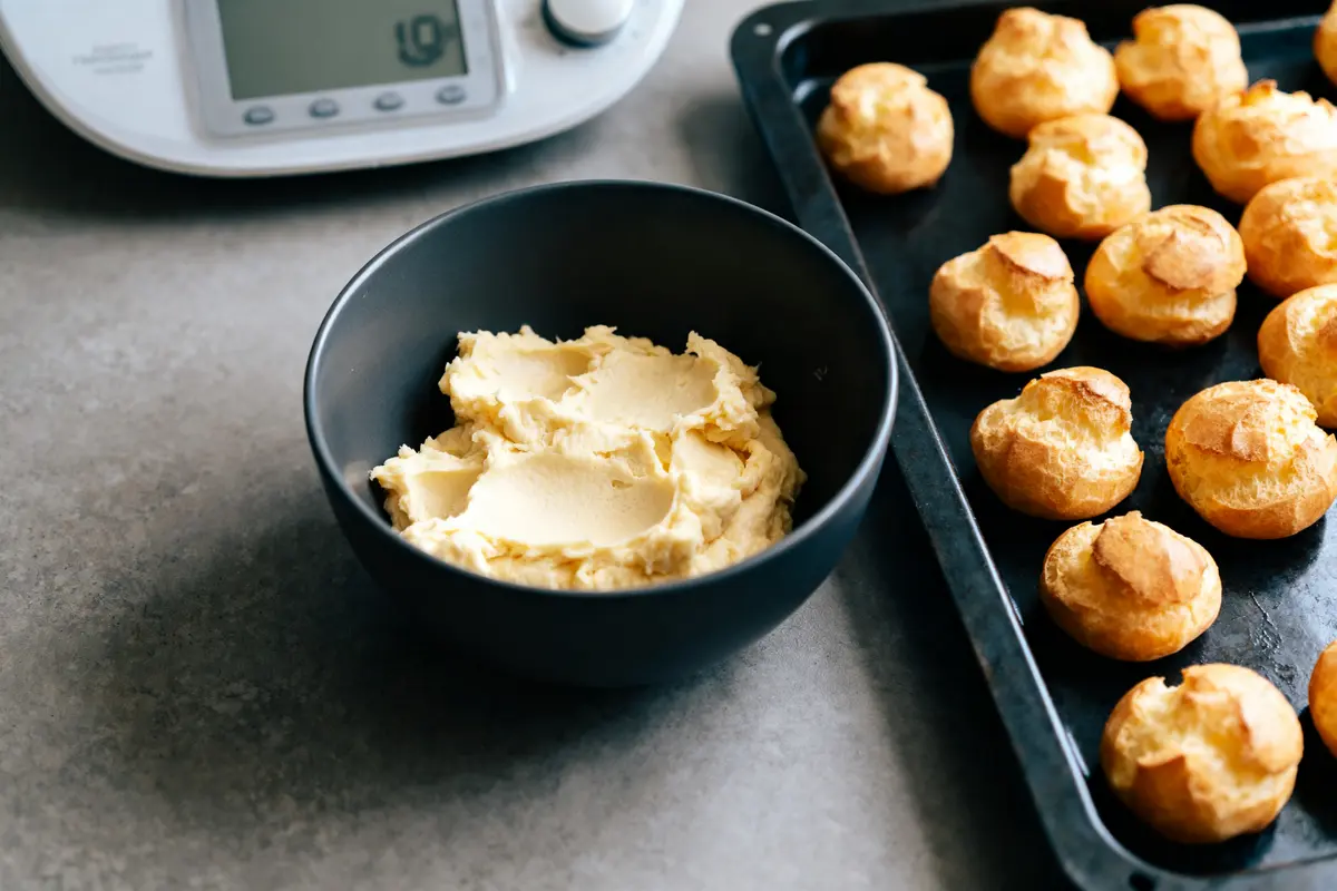 Pâte à choux dans un bol, thermomix, choux dorés sur plaque cuisson.