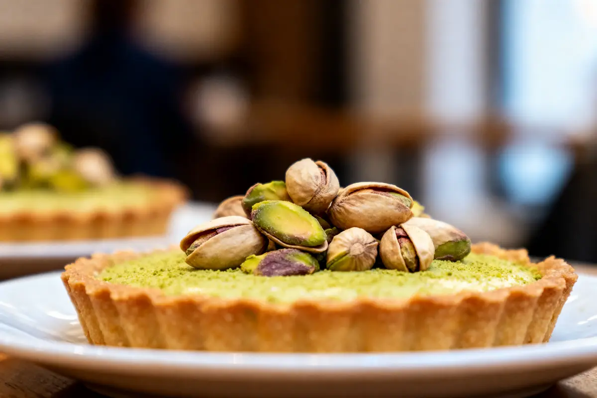 Tartelette pistache garnie de pistaches entières, présentée sur une assiette blanche, sur fond flou.