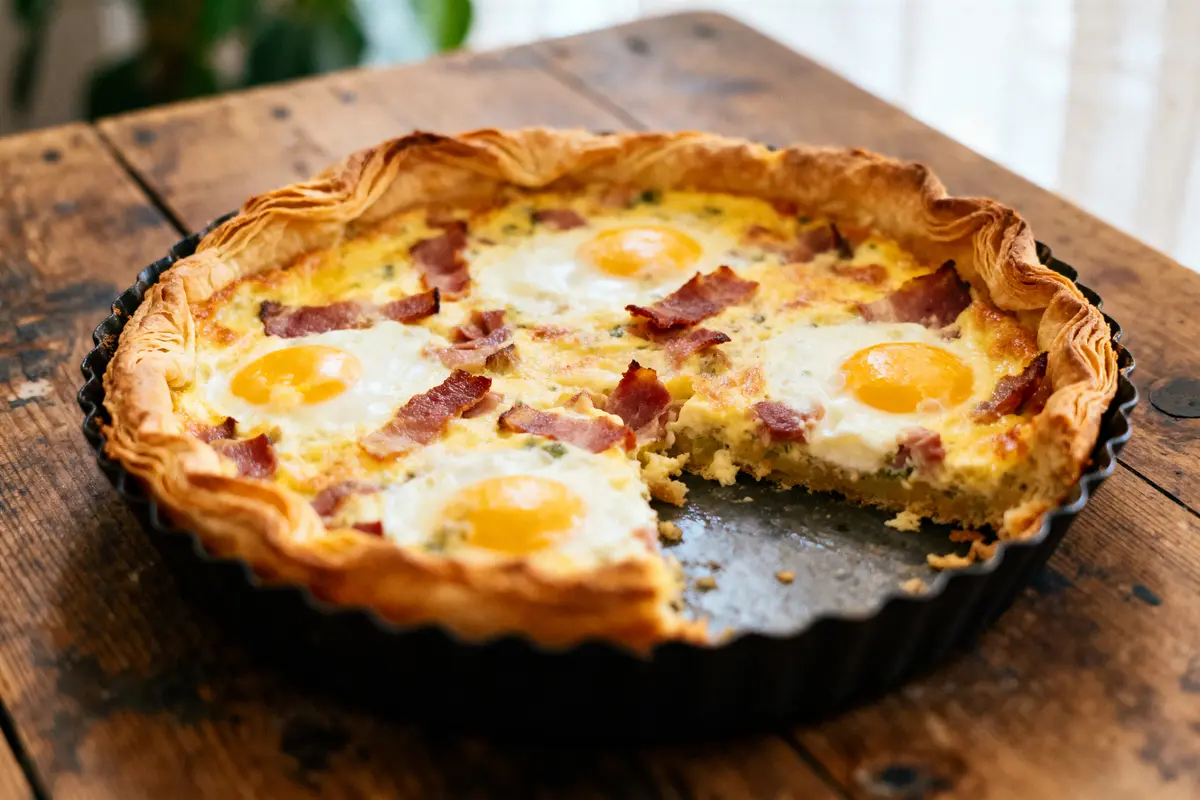 Quiche aux œufs et lardons avec une part manquante, sur une table en bois rustique.