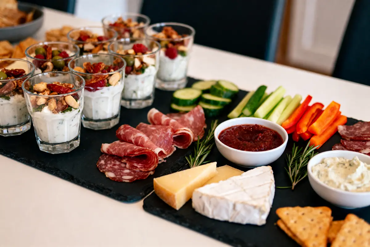 Planches de charcuterie et fromage avec dips, légumes, verrines apéritives sur table. Décoration romarin et crackers.